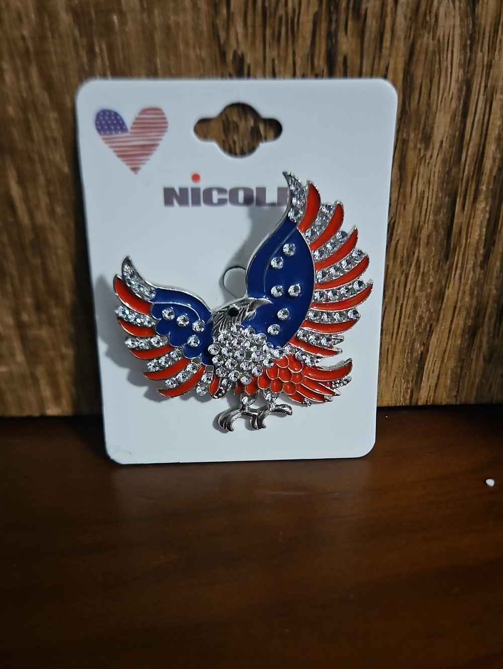 Nicole Red, Blue & Clear Rhinestone Eagle Brooch Pin